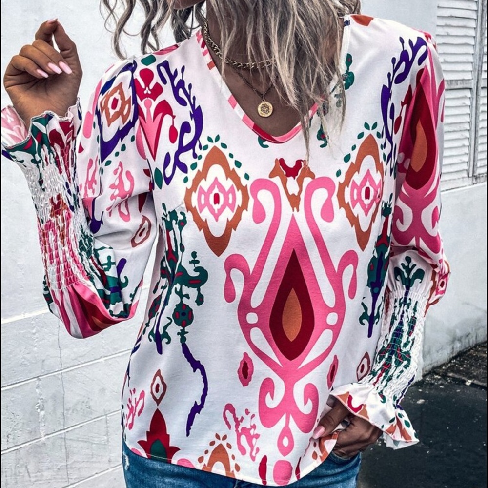 Boho Abstract Shirred Smocked Cuff Long Sleeve Top Blouse - Picture 5 of 6